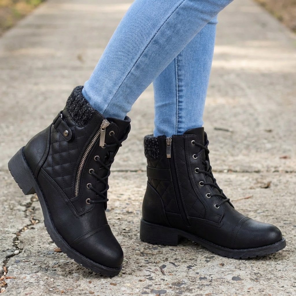 Women’s Quilted Leather Lace-Up Ankle Boots in Black