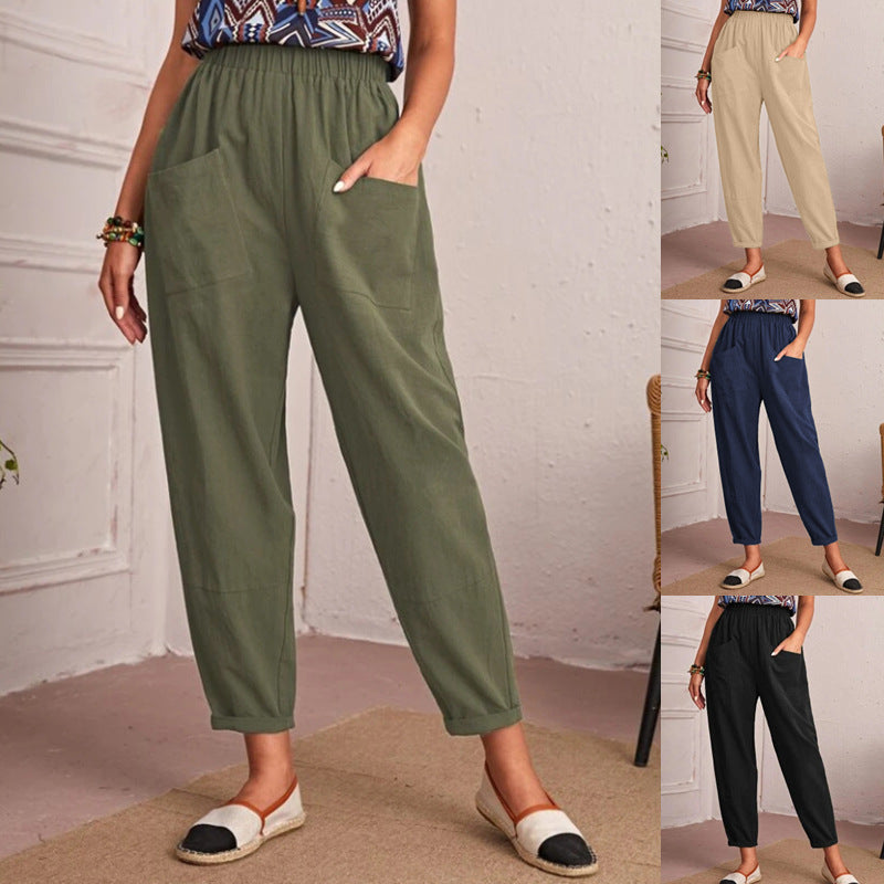 Women’s Cotton Linen Elastic-Waist Trousers