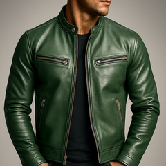 Men’s Faux-Leather Snap-Collar Biker Jacket in Green
