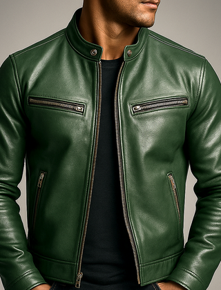 Men’s Faux-Leather Snap-Collar Biker Jacket in Green