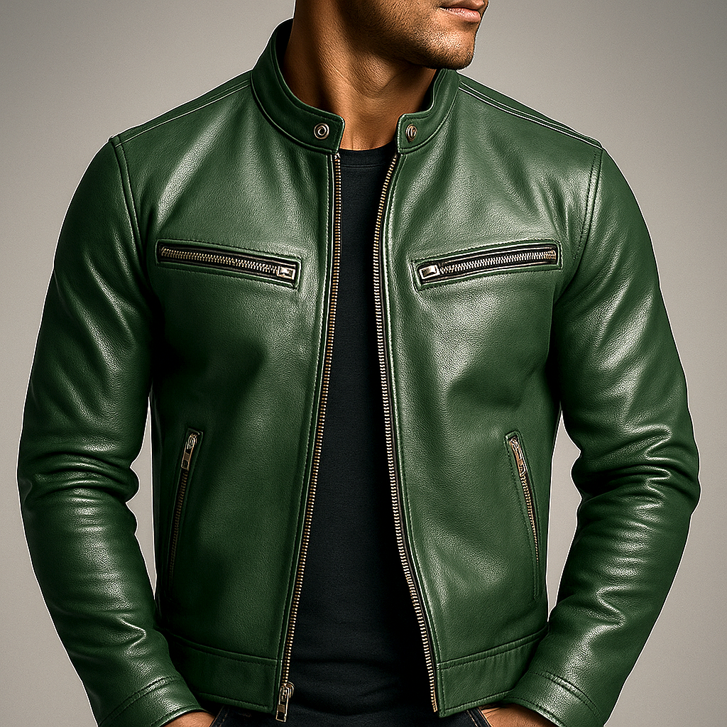 Men’s Faux-Leather Snap-Collar Biker Jacket in Green