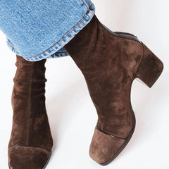 Women’s Faux-Suede Square-Toe Block-Heel Ankle Boots in Brown