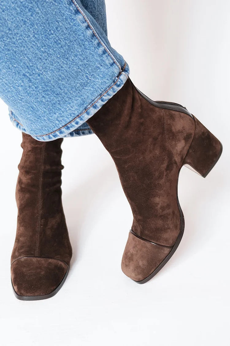 Women’s Faux-Suede Square-Toe Block-Heel Ankle Boots in Brown