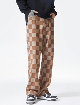 Men’s Check-Pattern Denim Trousers in Brown