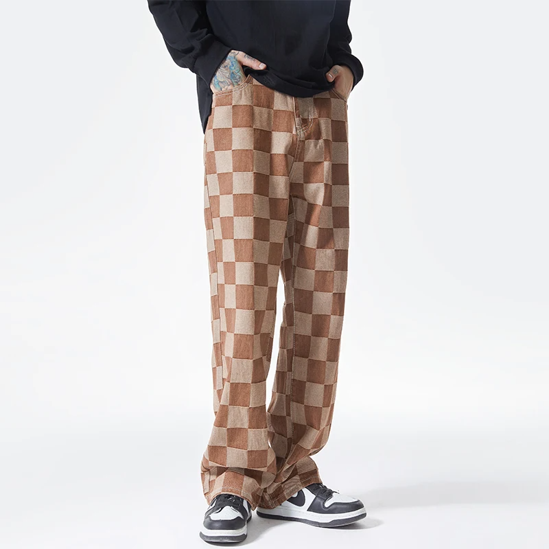 Men’s Check-Pattern Denim Trousers in Brown