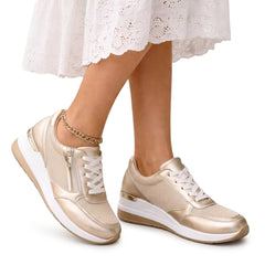 Women’s Leather Side-Zip Platform Trainers in Gold