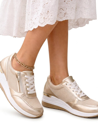 Women’s Leather Side-Zip Platform Trainers in Gold