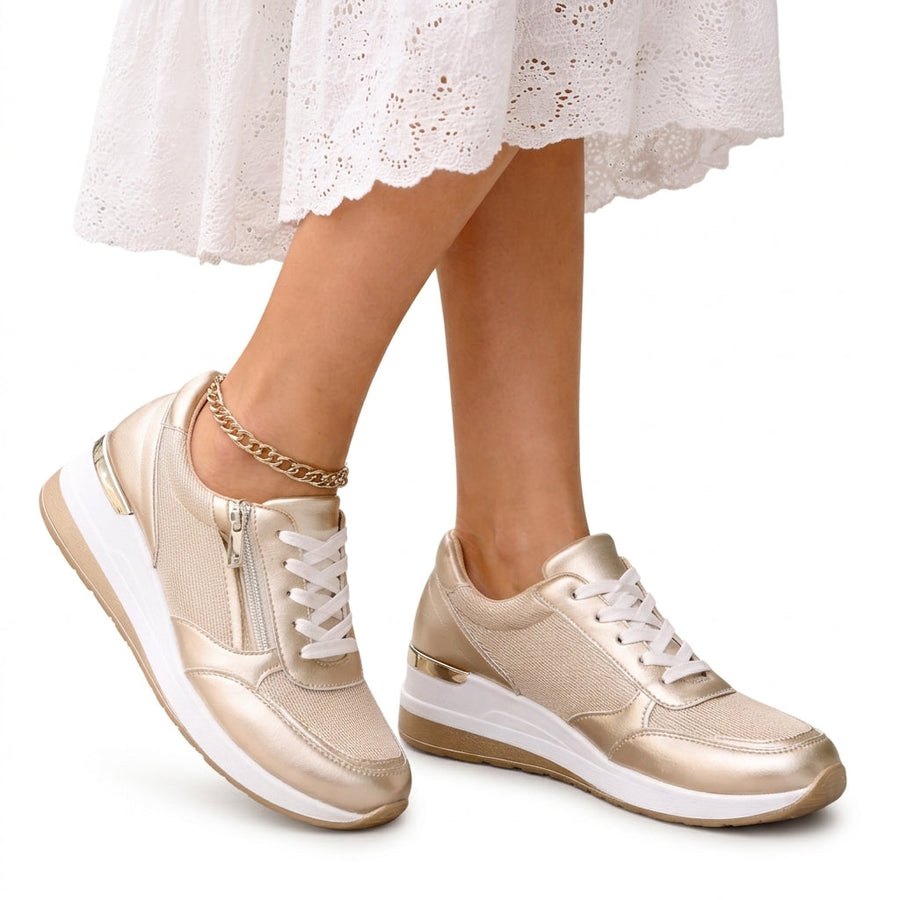 Women’s Leather Side-Zip Platform Trainers in Gold