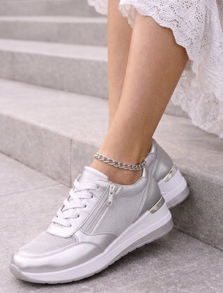 Women’s Leather Side-Zip Platform Trainers in Silver