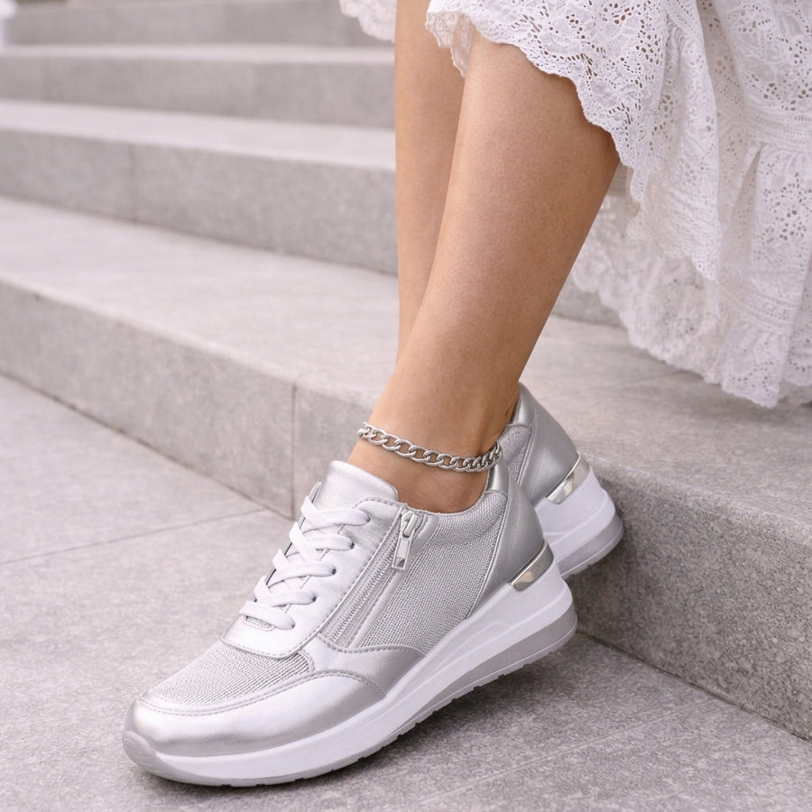 Women’s Leather Side-Zip Platform Trainers in Silver