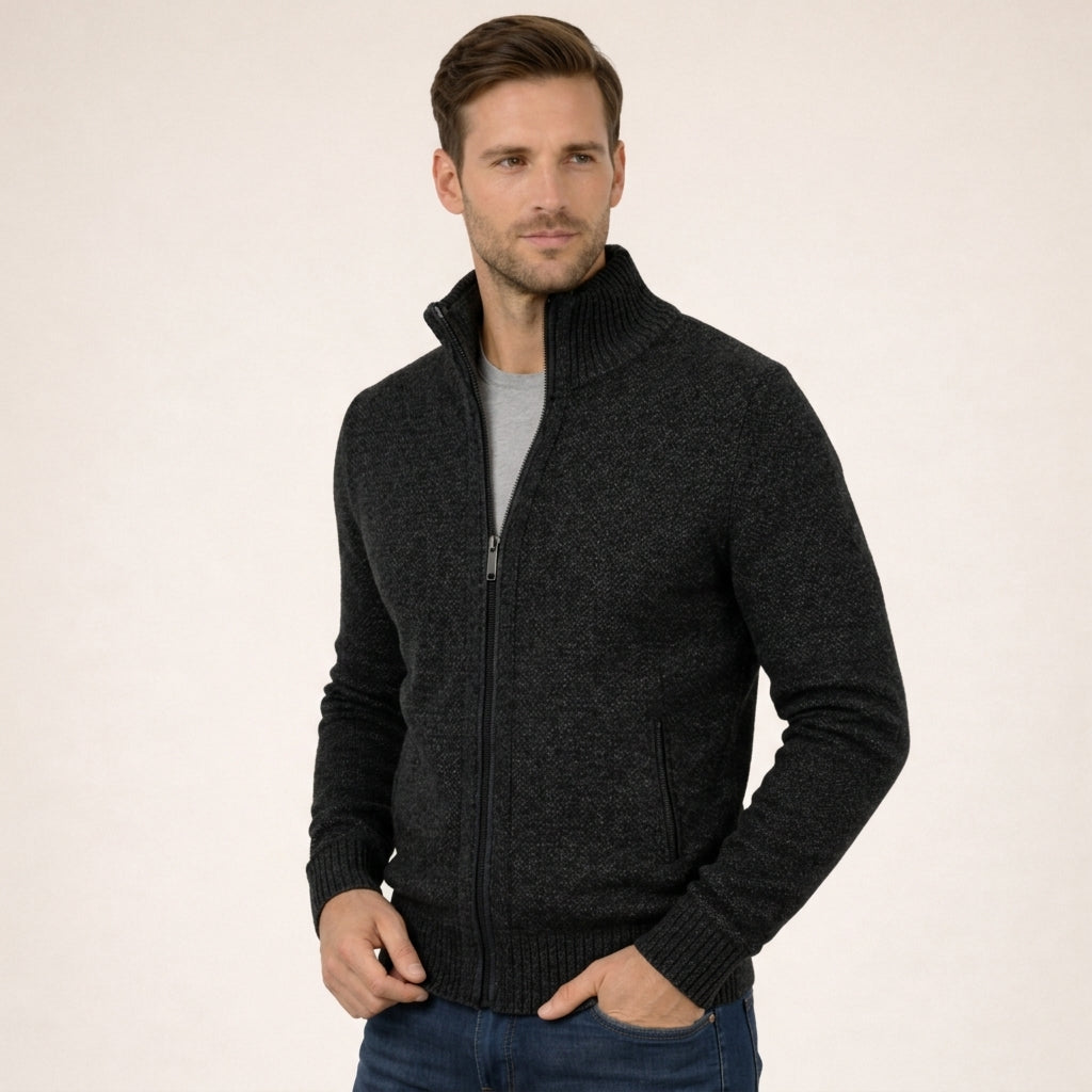 Men’s Merino Full-Zip Knit Jumper in Black