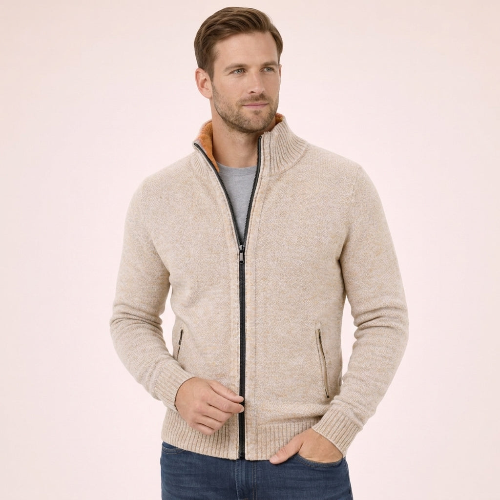 Men’s Merino Full-Zip Knit Jumper in Cream