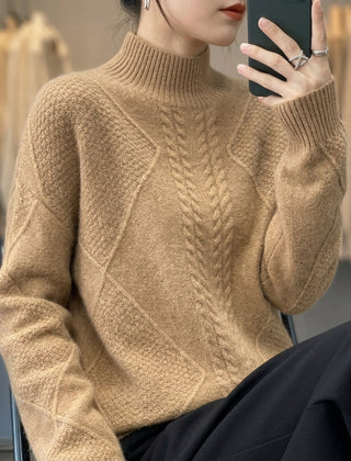 Women’s Cable-Textured High-Neck Jumper in Brown