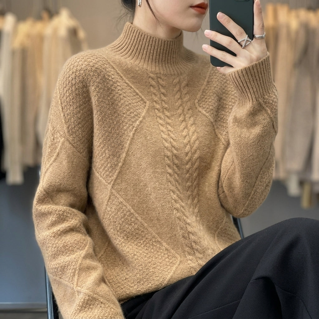 Women’s Cable-Textured High-Neck Jumper in Brown