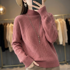 Women’s Cable-Textured High-Neck Jumper in Pink