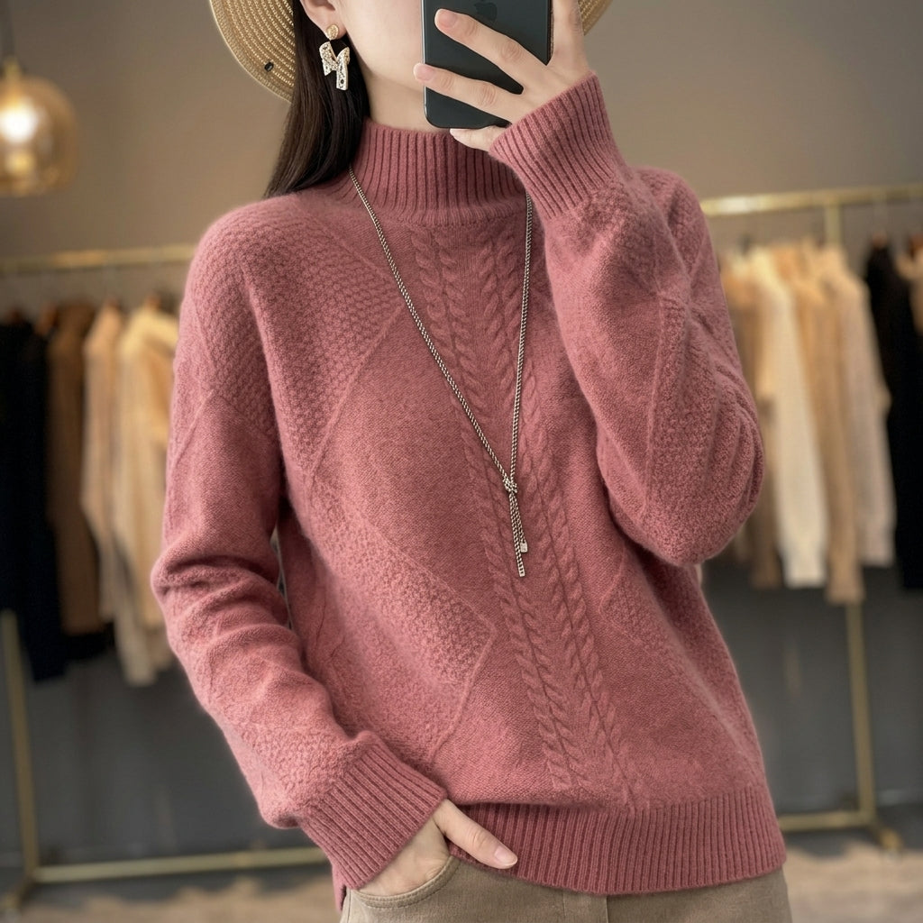 Women’s Cable-Textured High-Neck Jumper in Pink