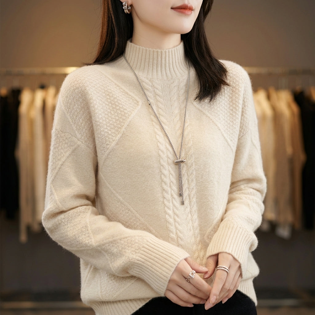 Women’s Cable-Textured High-Neck Jumper in Cream