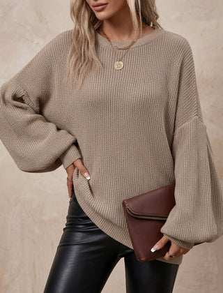 Women’s Balloon-Sleeve Ribbed Knit Jumper in Taupe