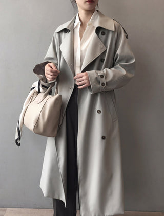 Women’s Belted Double-Breasted Gabardine Trench in Grey