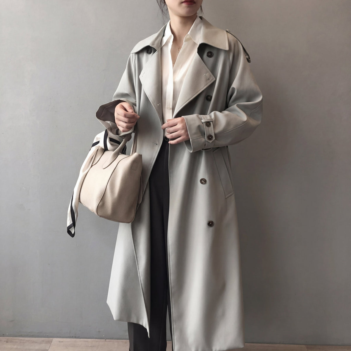 Women’s Belted Double-Breasted Gabardine Trench in Grey