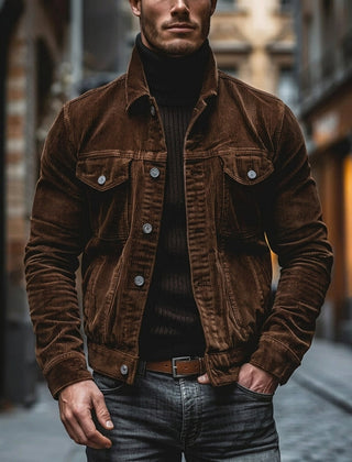 Men’s Corduroy Turn-Down Collar Jacket in Brown