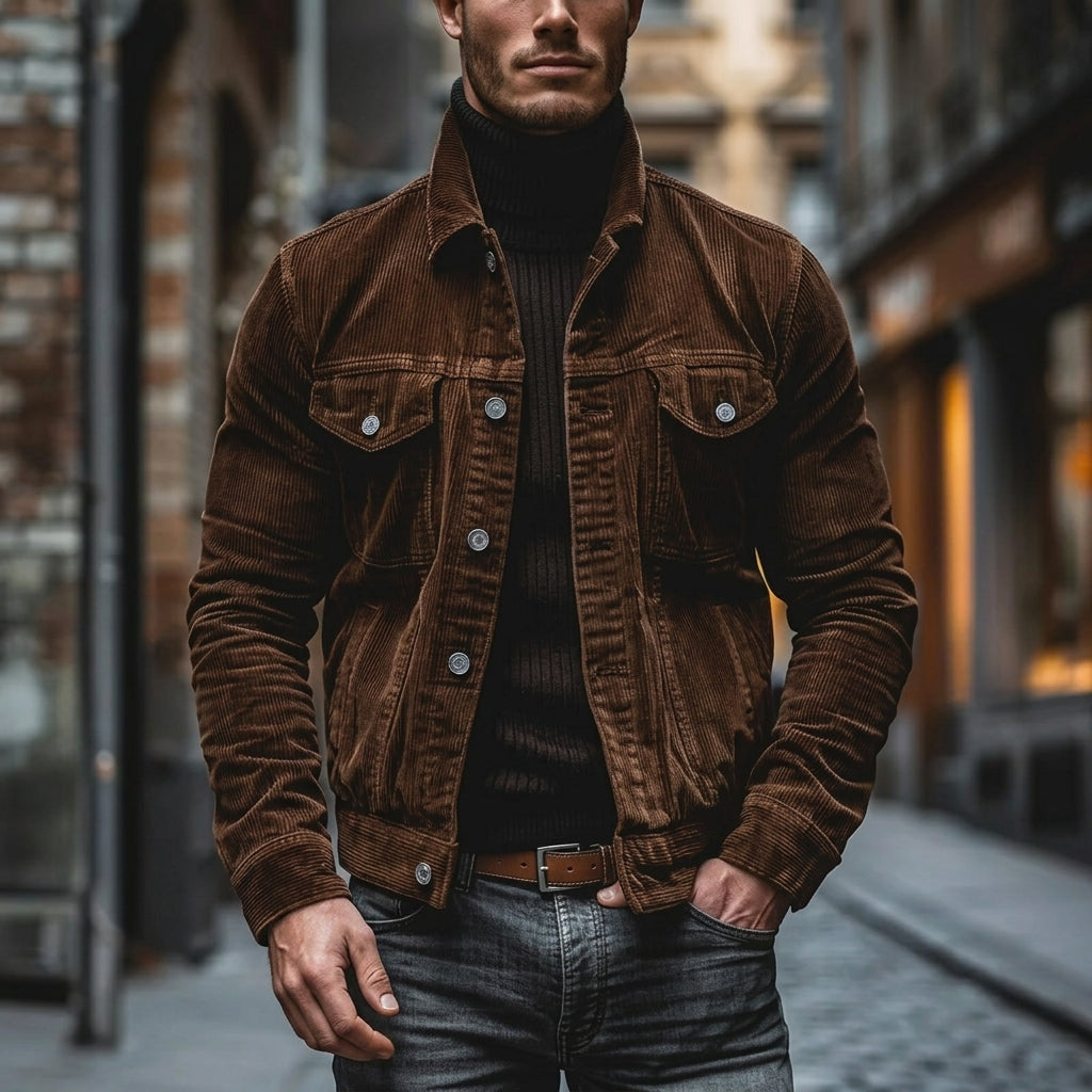 Men’s Corduroy Turn-Down Collar Jacket in Brown