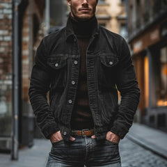 Men’s Corduroy Turn-Down Collar Jacket in Black