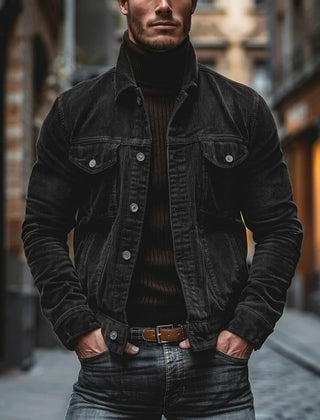 Men’s Corduroy Turn-Down Collar Jacket in Black