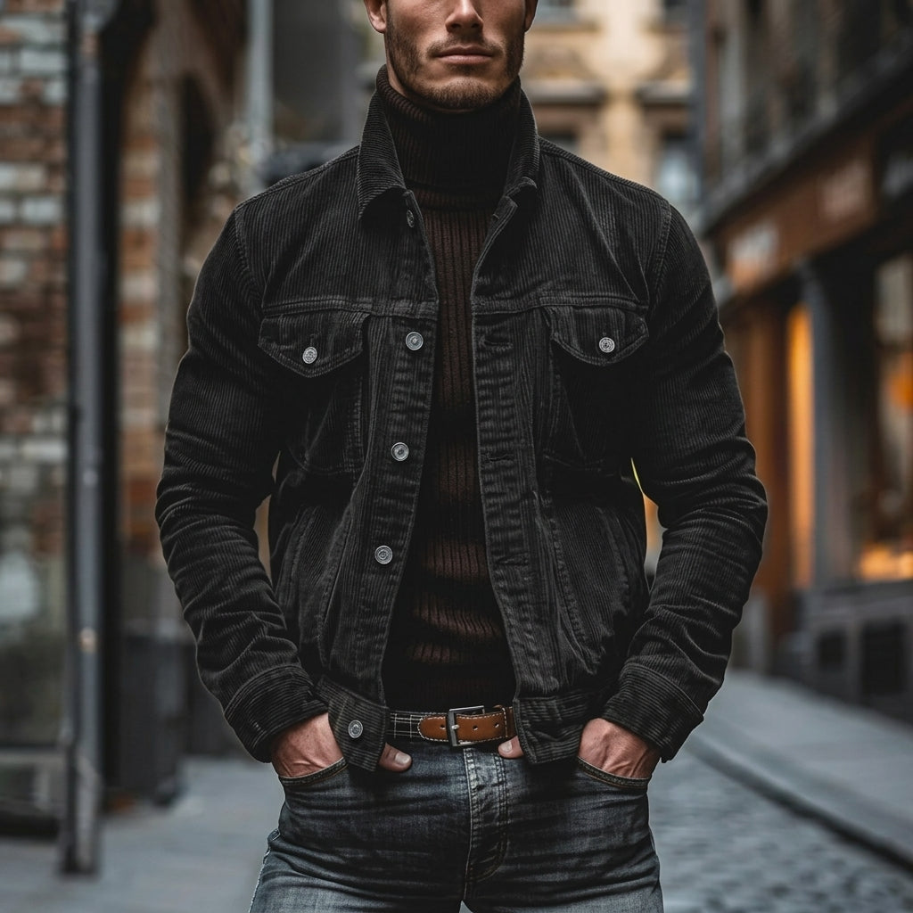 Men’s Corduroy Turn-Down Collar Jacket in Black