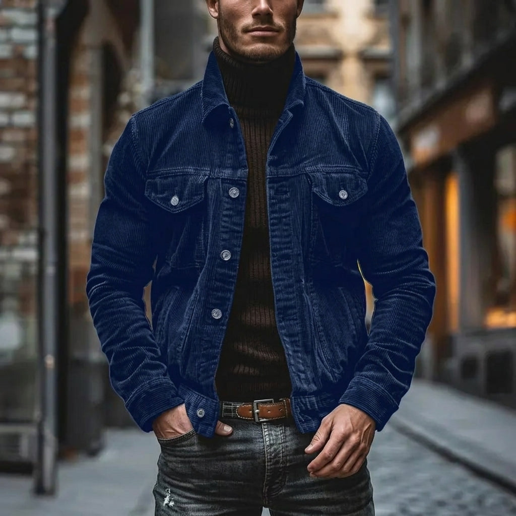 Men’s Corduroy Turn-Down Collar Jacket in Blue