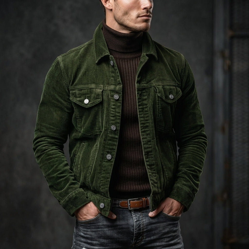 Men’s Corduroy Turn-Down Collar Jacket in Green