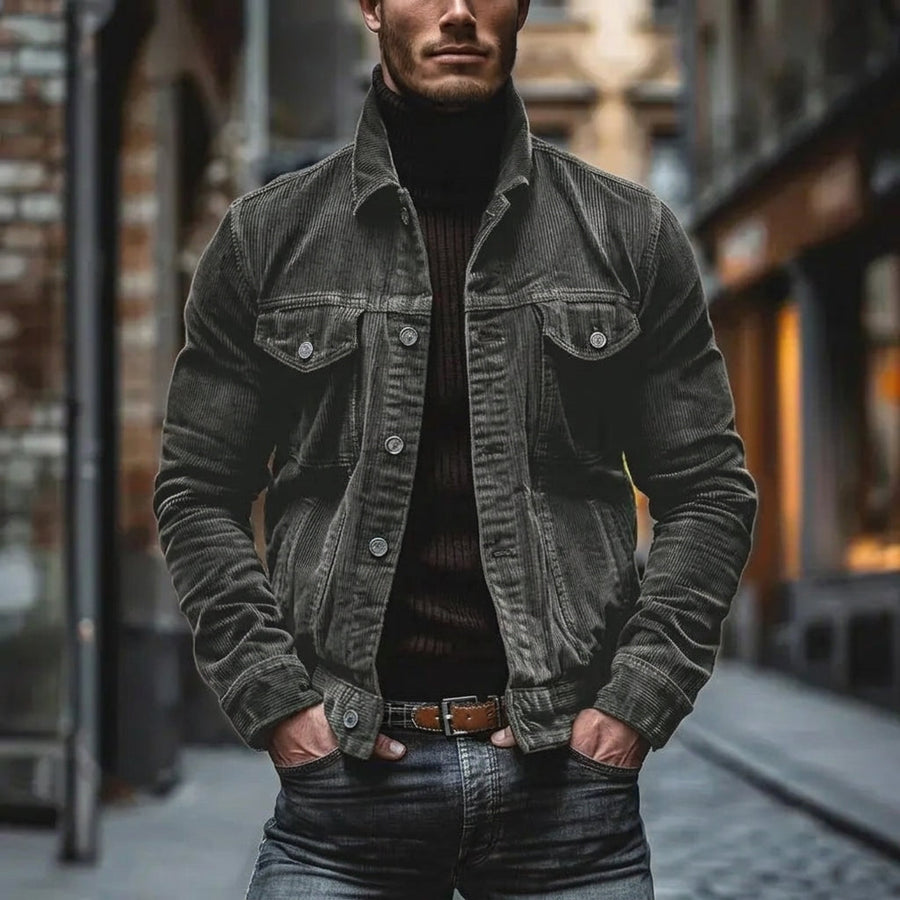 Men’s Corduroy Turn-Down Collar Jacket in Grey