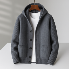 Women’s Hooded Rib-Knit Button Cardigan in Grey