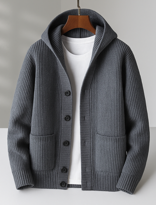 Women’s Hooded Rib-Knit Button Cardigan in Grey