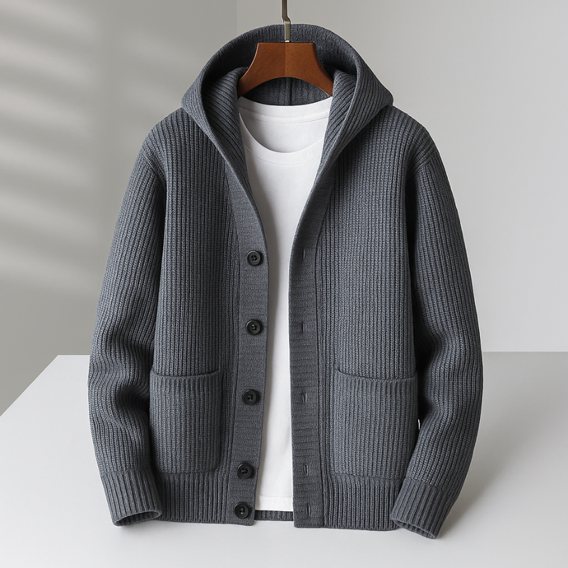 Women’s Hooded Rib-Knit Button Cardigan in Grey