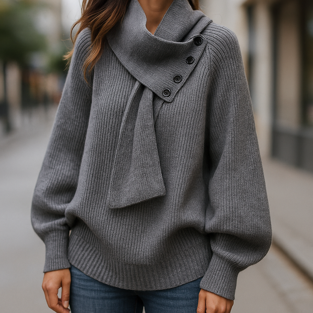 Women’s Buttoned Scarf-Neck Knit Jumper