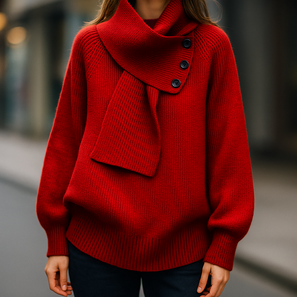 Women’s Buttoned Scarf-Neck Knit Jumper