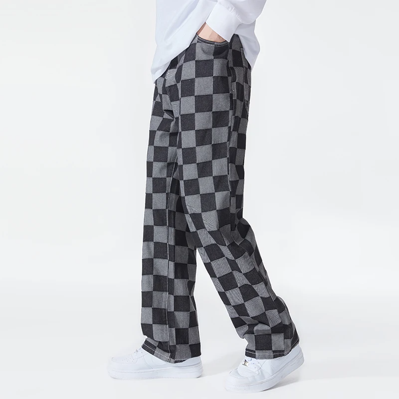 Men’s Check-Pattern Denim Trousers