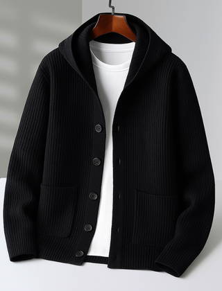 Women’s Hooded Rib-Knit Button Cardigan in Black