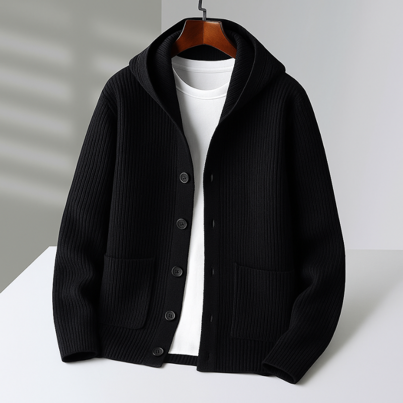 Women’s Hooded Rib-Knit Button Cardigan in Black