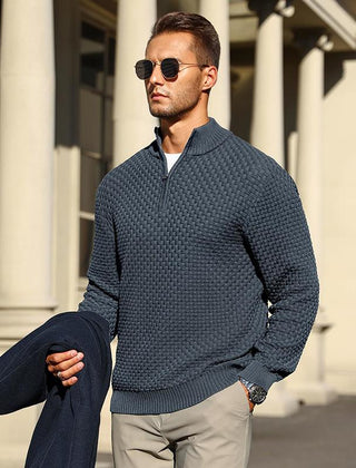 Men’s Basket-Textured Quarter-Zip Jumper in Blue