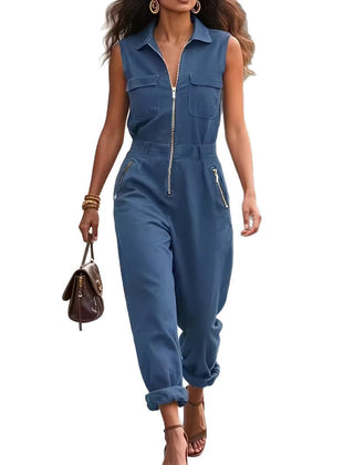 Women’s Sleeveless Utility Jumpsuit with Gold Zip