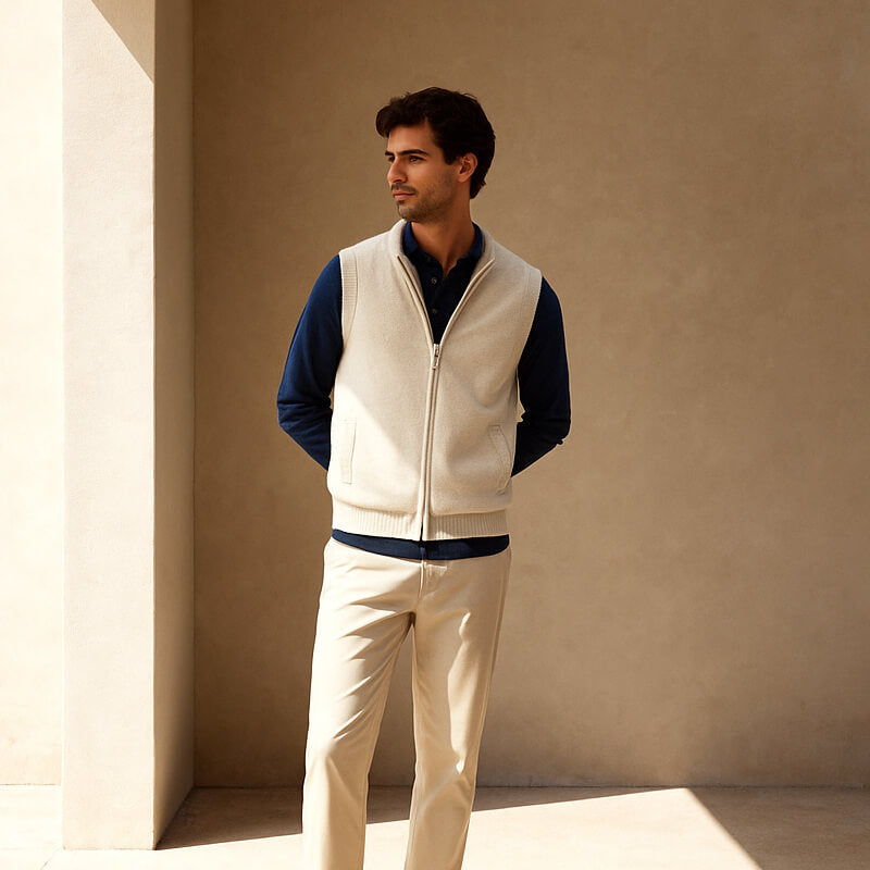 Harrington Soft Knit Zip Men's Vest - Light Beige