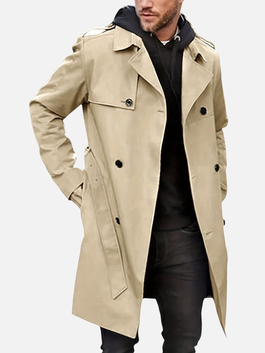 Men’s Double-Breasted Back-Belt Trench Coat in Beige