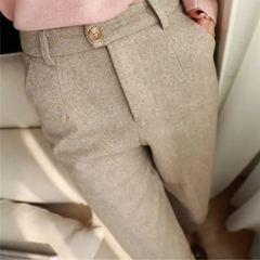 Men’s Tailored Herringbone Trousers in Beige