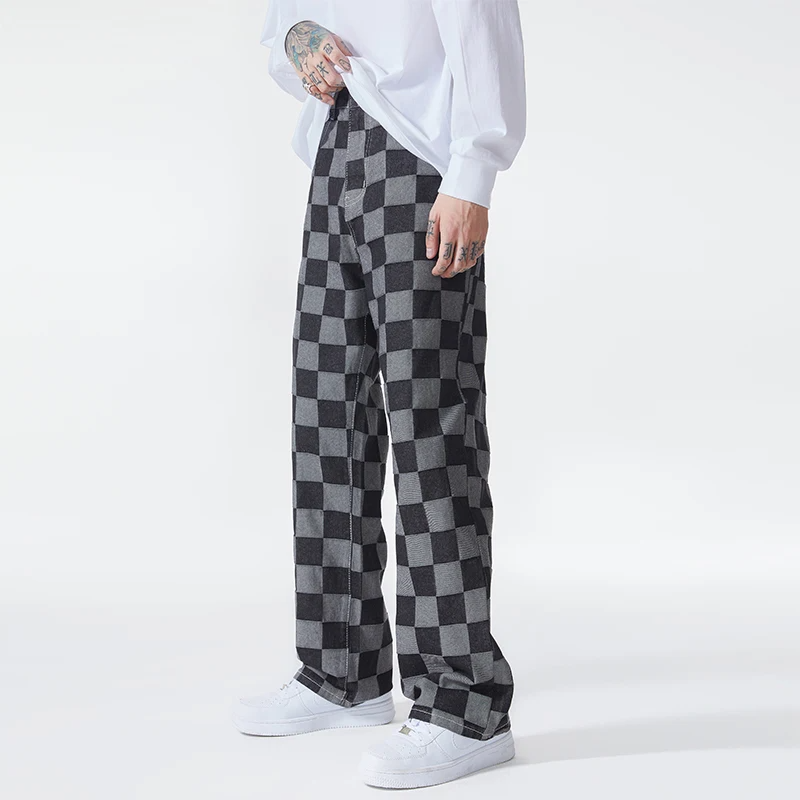 Men’s Check-Pattern Denim Trousers