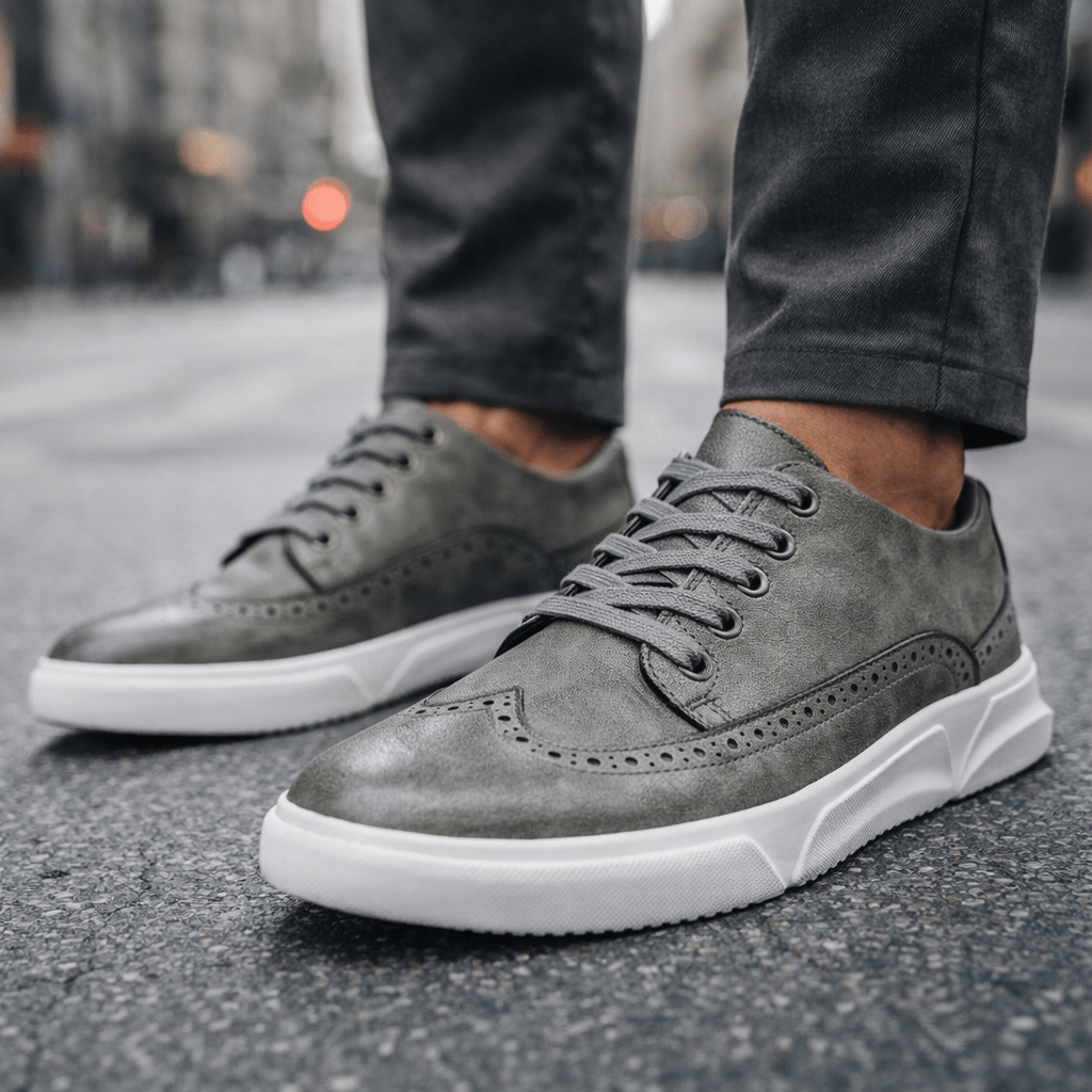 Men’s Leather Brogue Lace-Up Trainers in Grey