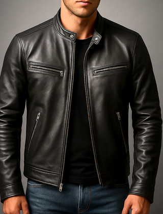 Men’s Faux-Leather Snap-Collar Biker Jacket in Black