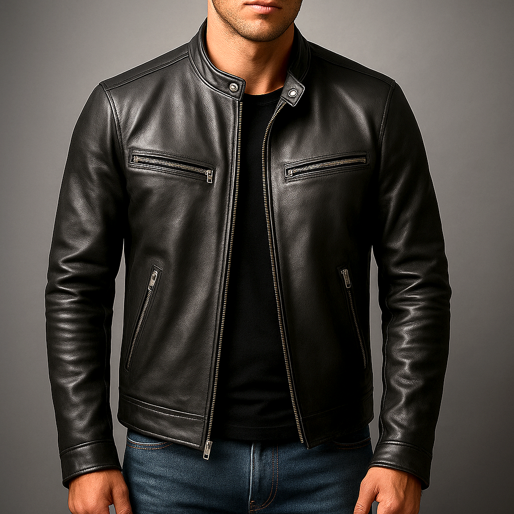 Men’s Faux-Leather Snap-Collar Biker Jacket in Black