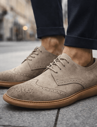Men’s Suede Brogue Lace-Up Shoes in Beige